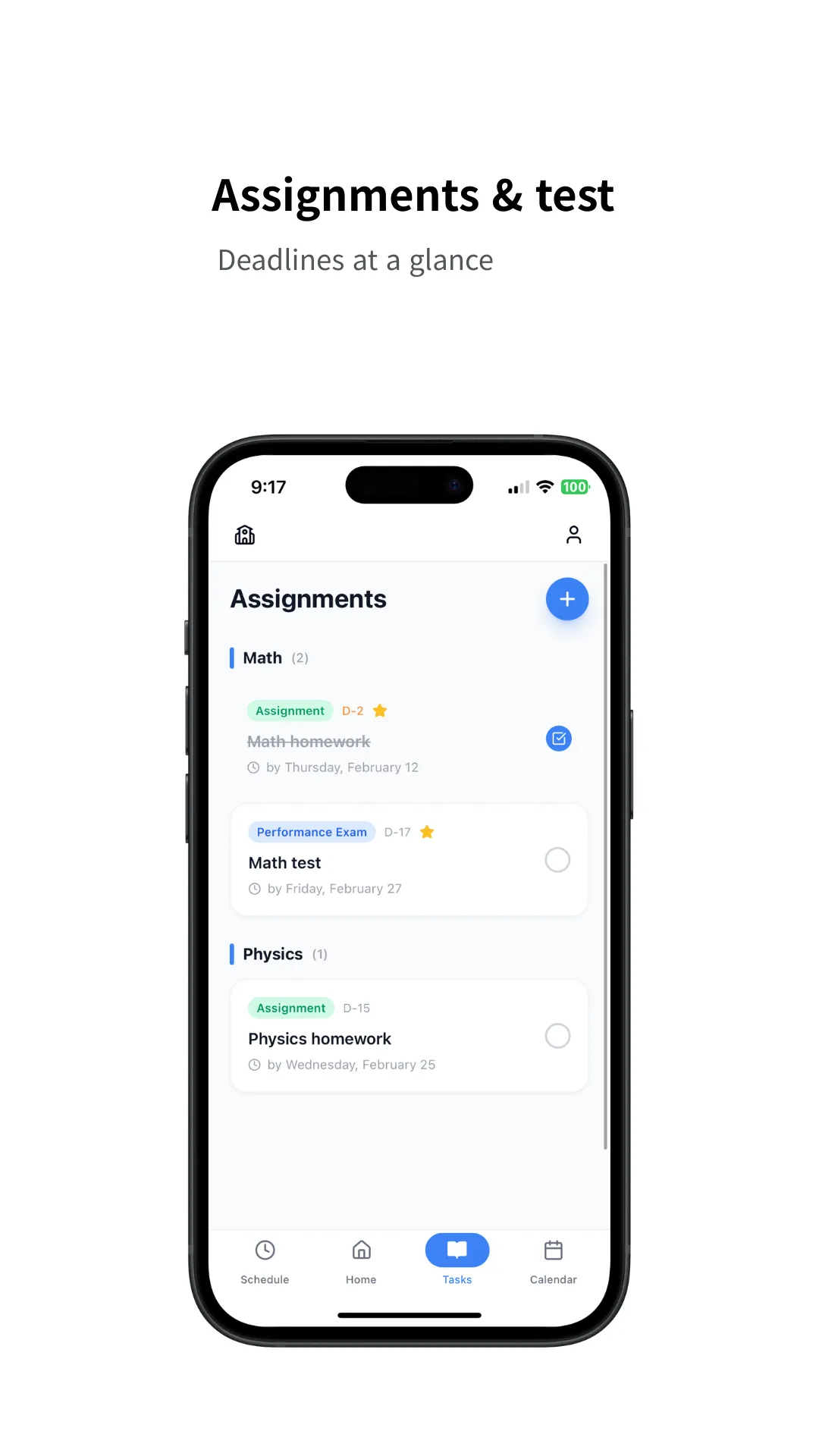 Assignments and tests with D-day countdowns